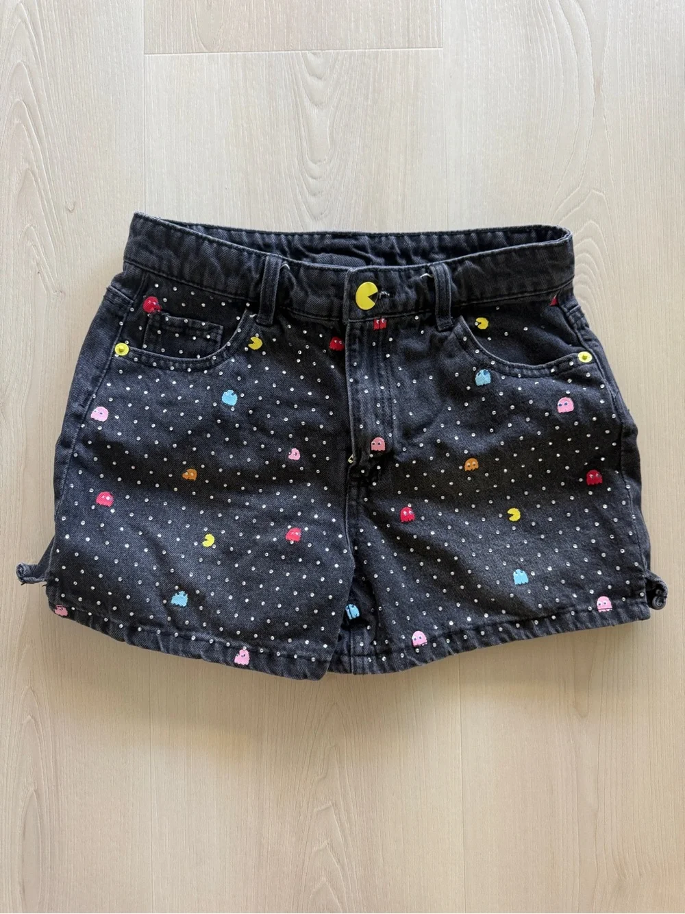 Girls' Black Pac-Man Print Denim Shorts